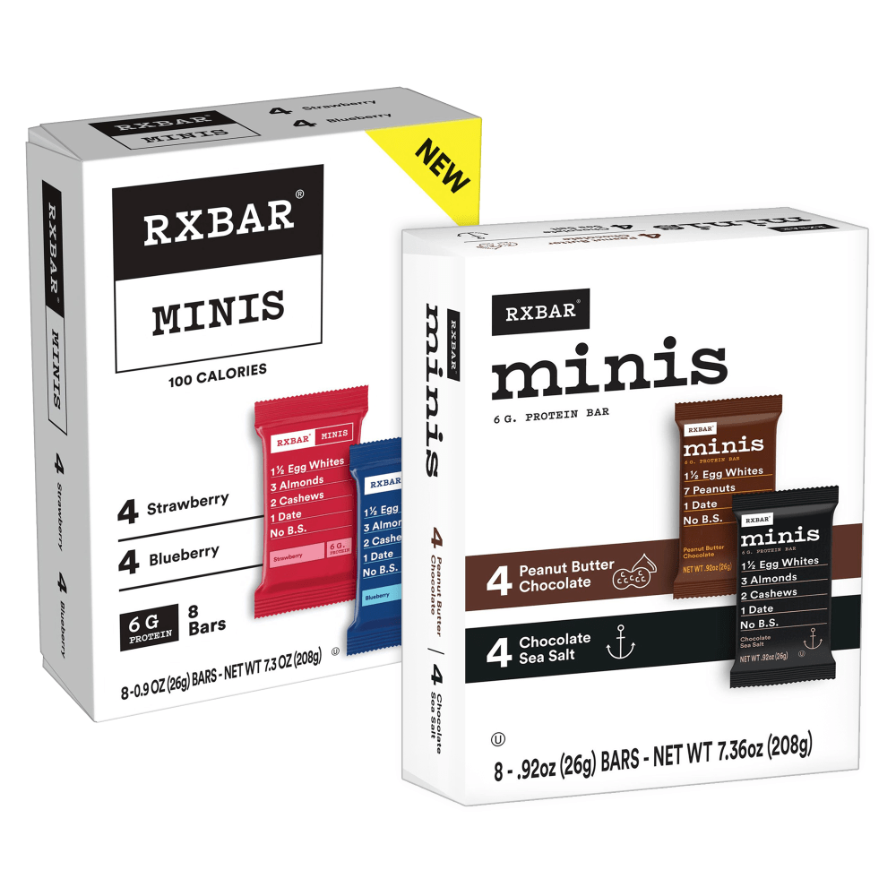 RXBAR MINIS Variety Protein Bars, Choc Sea Salt + PB Choc & Strawberry + Blueberry, 0.9 Oz, 8 Bars Per Box, Pack Of 2 Boxes MPN:008101289492