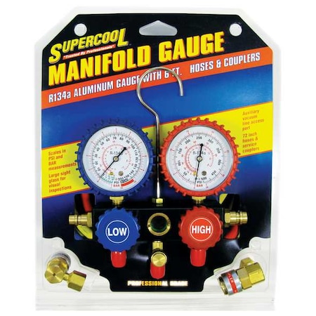 A/C Manifold Gauge, PSI and BAR, Aluminum MPN:2211B