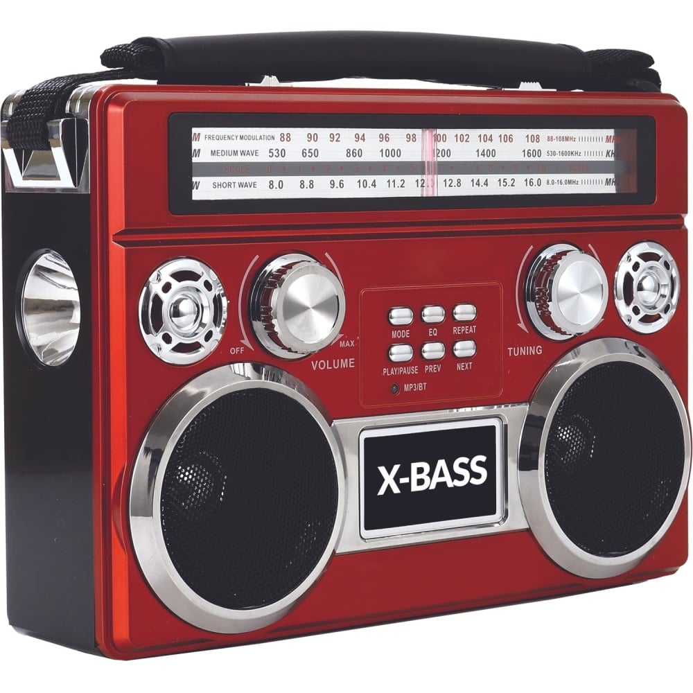 Supersonic 3 Band Radio with Bluetooth and Flashlight (Red) - Wired/Wireless - Headphone - 4 x D - Portable MPN:SC-1097BT-RED