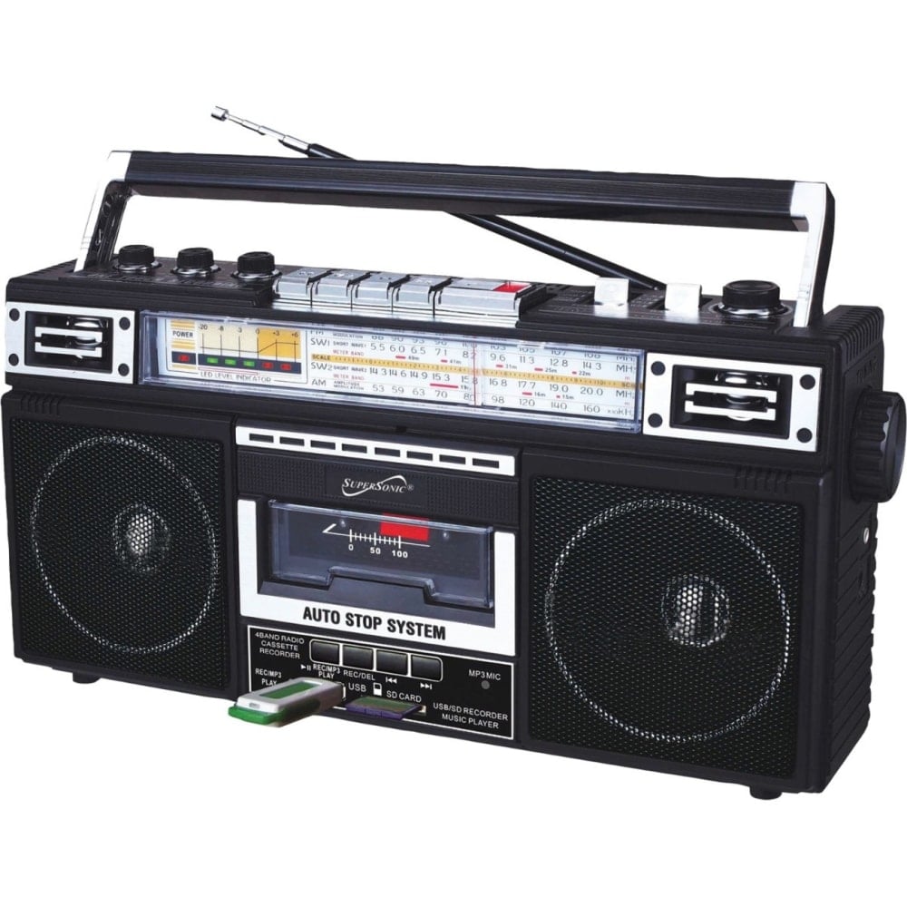 Supersonic 4 Band Radio & Cassette Player + Cassette To Mp3 Converter & Bluetooth - 4 W Integrated - Black - MP3 - SD - USB MPN:SC-3201BT-BK
