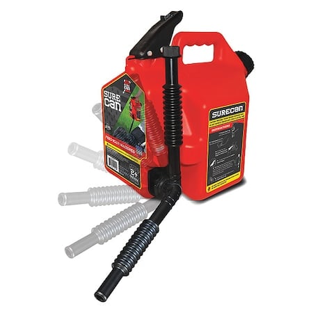 Gas Can, HDPE, 2 gal, Flexible Rotating Nozzle, Self Venting, Thumb Trigger, Red, Gasoline MPN:SUR2SFG2