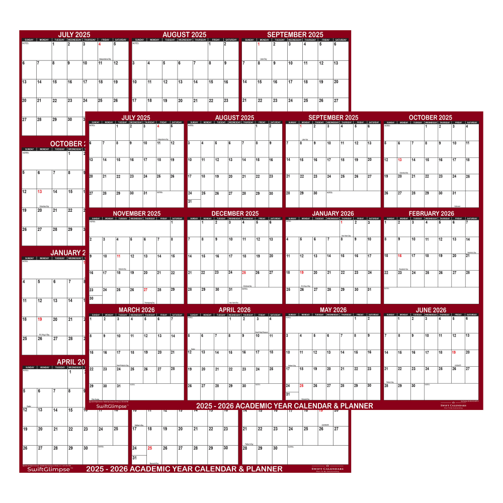 2025-2026 SwiftGlimpse Academic Erasable Monthly Wall Calendar, 18in x 24in, White/Maroon, July 2025 To June 2026 MPN:SG 2025 ACA MAR 18