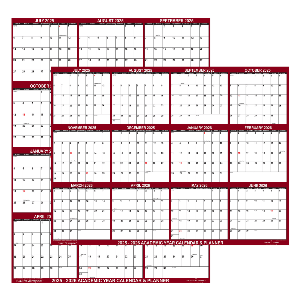 2025-2026 SwiftGlimpse Academic Erasable Monthly Wall Calendar, 24in x 36in, White/Maroon, July 2025 To June 2026 MPN:SG 2025 ACA MAR 24