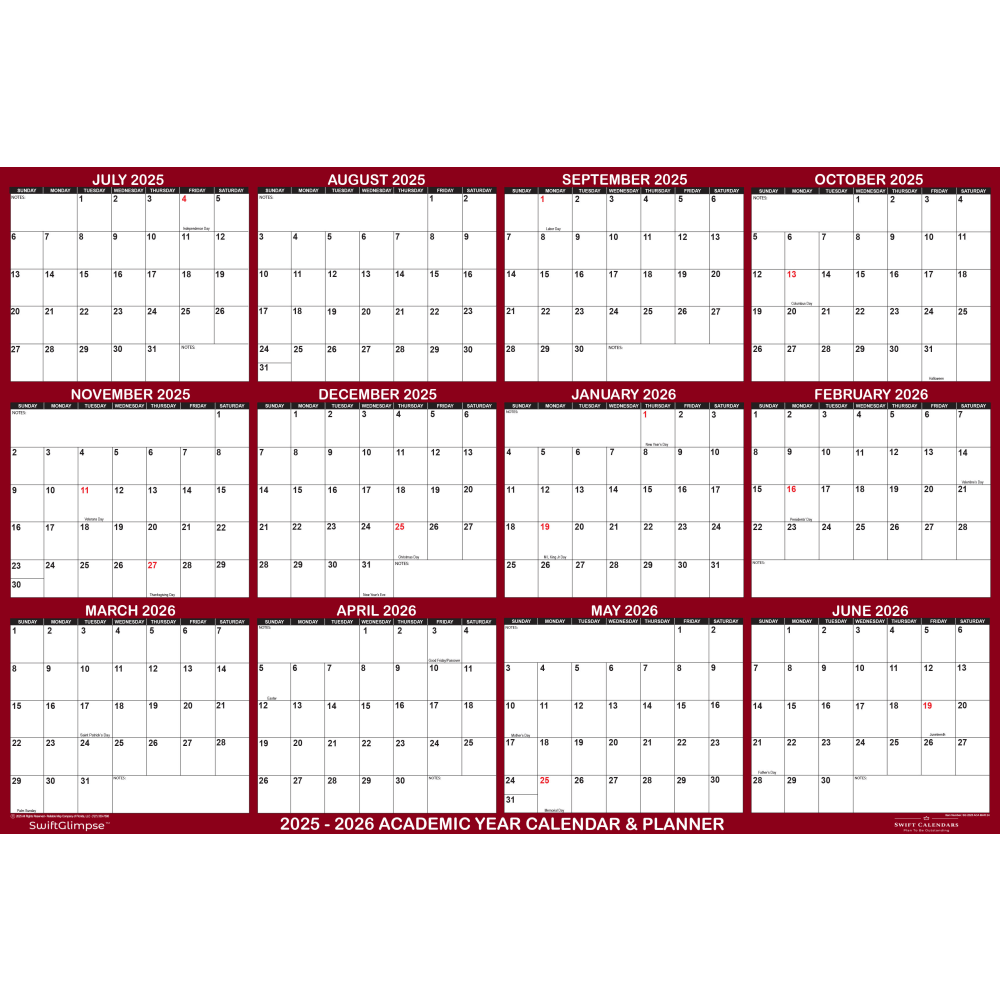 2025-2026 SwiftGlimpse Academic Erasable Monthly Wall Calendar, 32in x 48in, White/Maroon, July 2025 To June 2026 MPN:SG 2025 ACA MAR 32