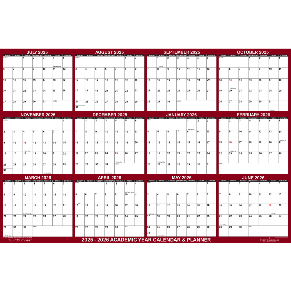 2025-2026 SwiftGlimpse Academic Erasable Monthly Wall Calendar, 48in x 72in, White/Maroon, July 2025 To June 2026 MPN:SG 2025 ACA MAR 48