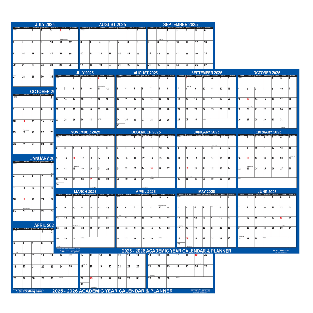 2025-2026 SwiftGlimpse Academic Erasable Monthly Wall Calendar, 18in x 24in, White/Navy, July 2025 To June 2026 MPN:SG 2025 ACANAVY18