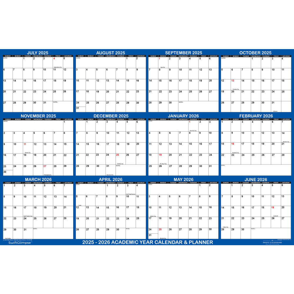 2025-2026 SwiftGlimpse Academic Erasable Monthly Wall Calendar, 32in x 48in, White/Blue, July 2025 To June 2026 MPN:SG 2025 ACANAVY32