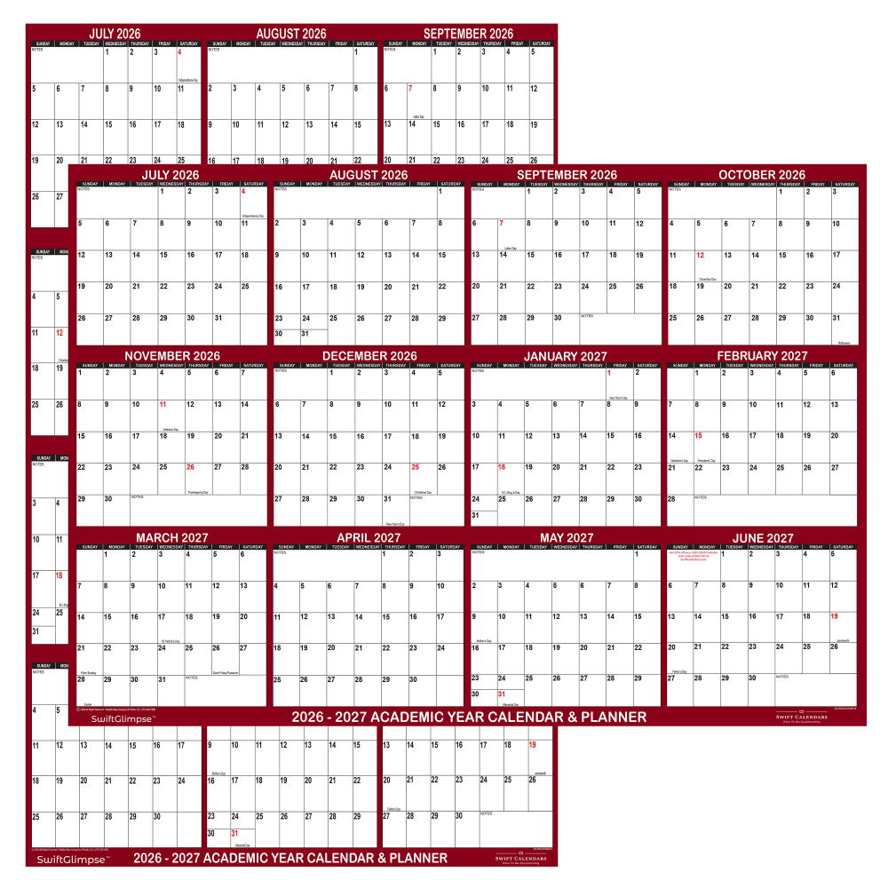 2026-2027 SwiftGlimpse Academic Monthly Wall Calendar, 36in x 24in, Maroon/White, July To June, Total Qty 1 MPN:SG 2026 ACA MAR 24