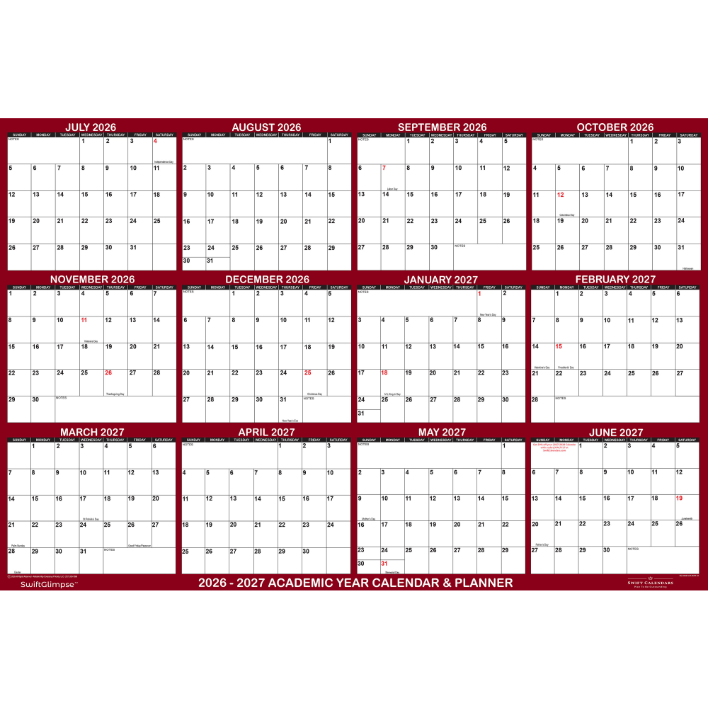 2026-2027 SwiftGlimpse Academic Monthly Wall Calendar, 32in x 48in, Maroon/White, July To June, Total Qty 1 MPN:SG 2026 ACA MAR 32