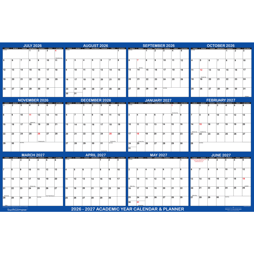 2026-2027 SwiftGlimpse Academic Monthly Wall Calendar, 32in x 48in, Navy/White, July To June, Total Qty 1 MPN:SG 2026 ACANAVY32