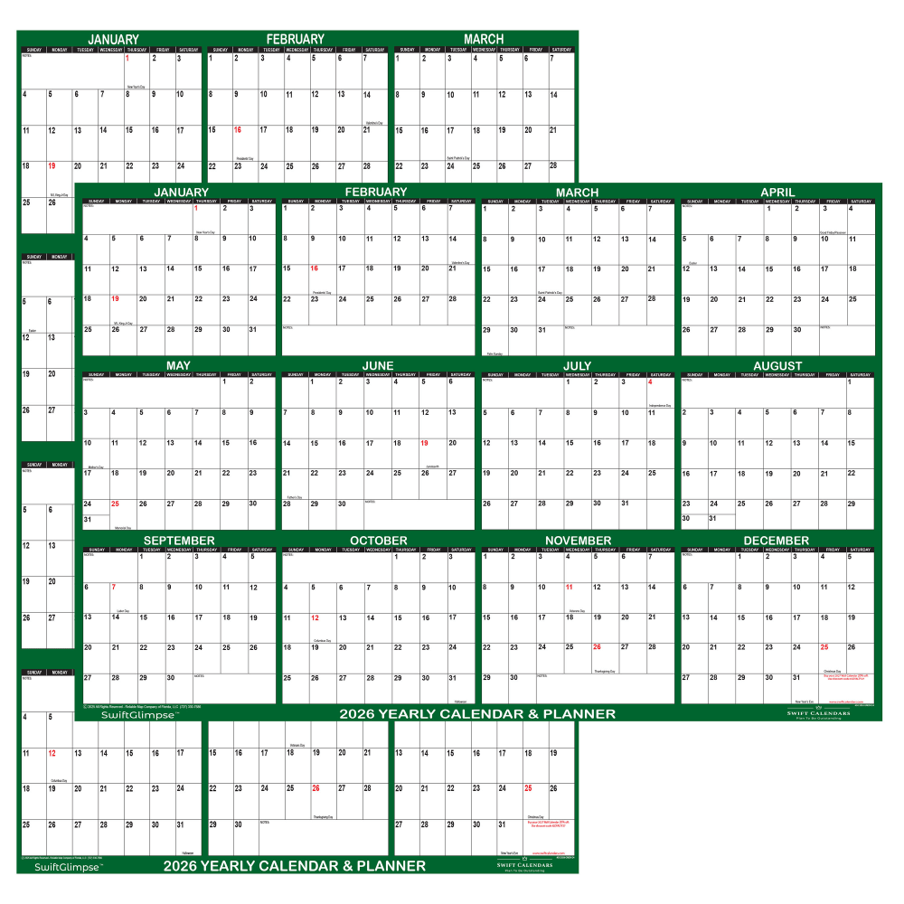 2026 SwiftGlimpse Yearly Reversible Erasable Wall Calendar, 24in x 36in, White/Green, January To December MPN:SG 2026 GREEN 24
