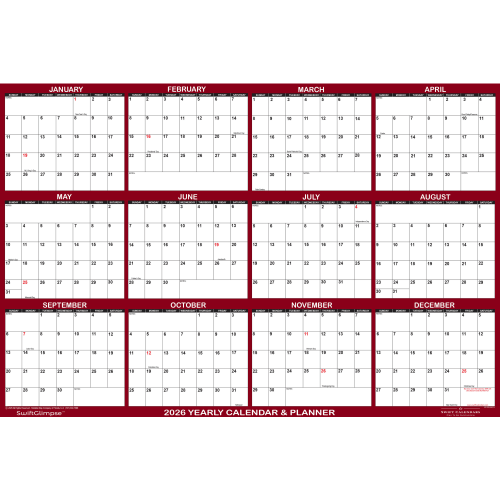 2026 SwiftGlimpse Yearly Erasable Wall Calendar, 36in x 54in, White/Maroon, January To December MPN:SG 2026 MAR 36