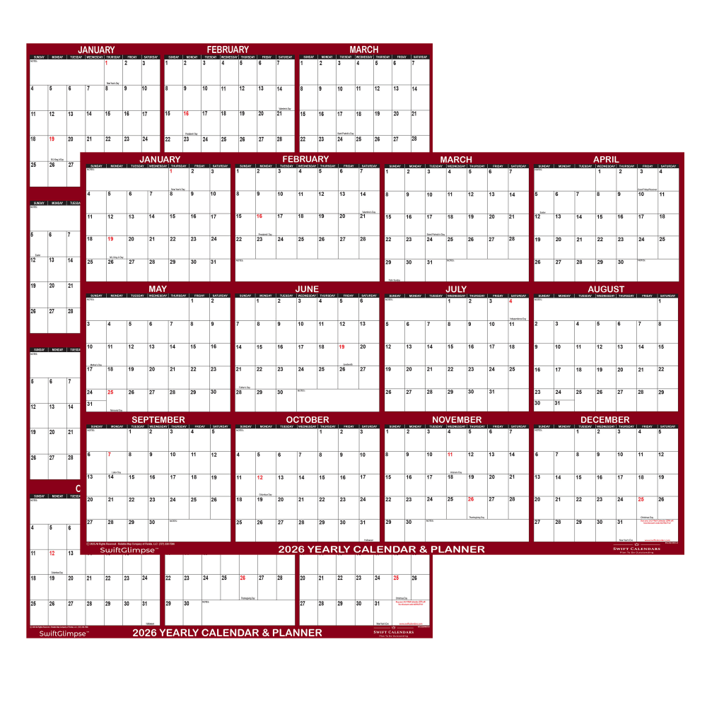 2026 SwiftGlimpse Yearly Reversible Erasable Wall Calendar, 32in x 48in, White/Maroon, January To December MPN:SG 2026 MAR32OD
