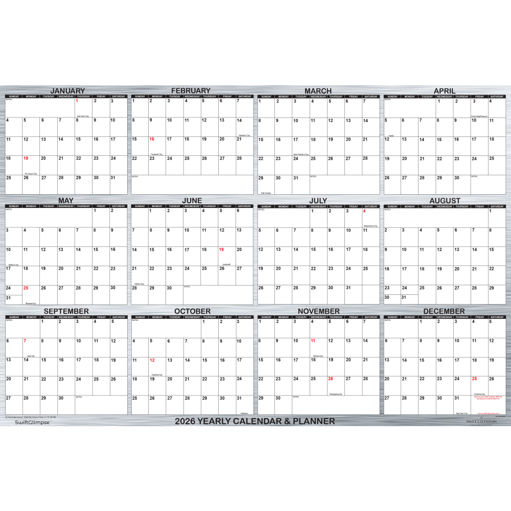 2026 SwiftGlimpse Designer Wall Calendar, 24in x 36in, Gray Silver/White, January To December MPN:SG 2026 METAL