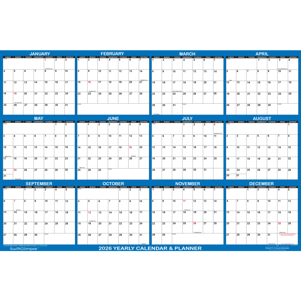 2026 SwiftGlimpse Yearly Erasable Wall Calendar, 36in x 54in, White/Navy, January To December MPN:SG 2026 NAVY 36