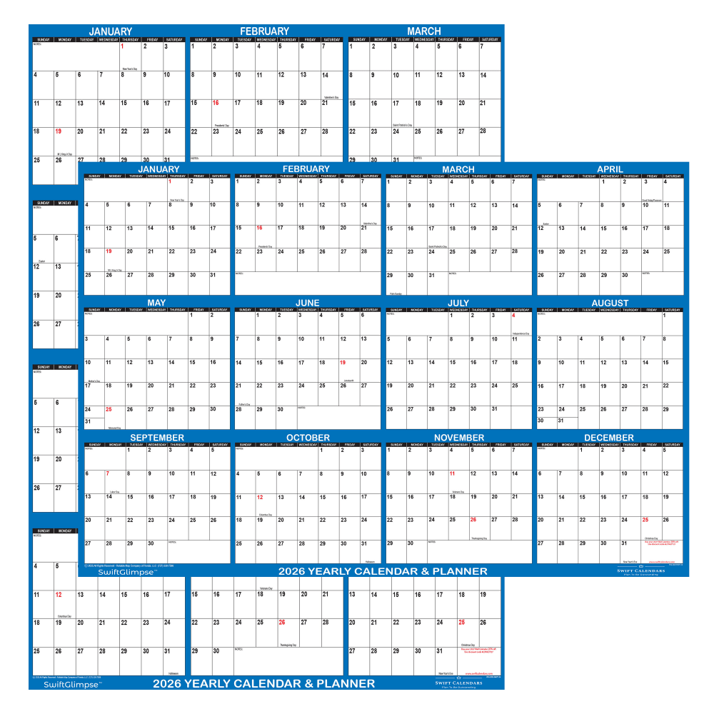 2026 SwiftGlimpse Yearly Reversible Erasable Wall Calendar, 32in x 48in, White/Navy, January To December MPN:SG 2026 NAVY32OD