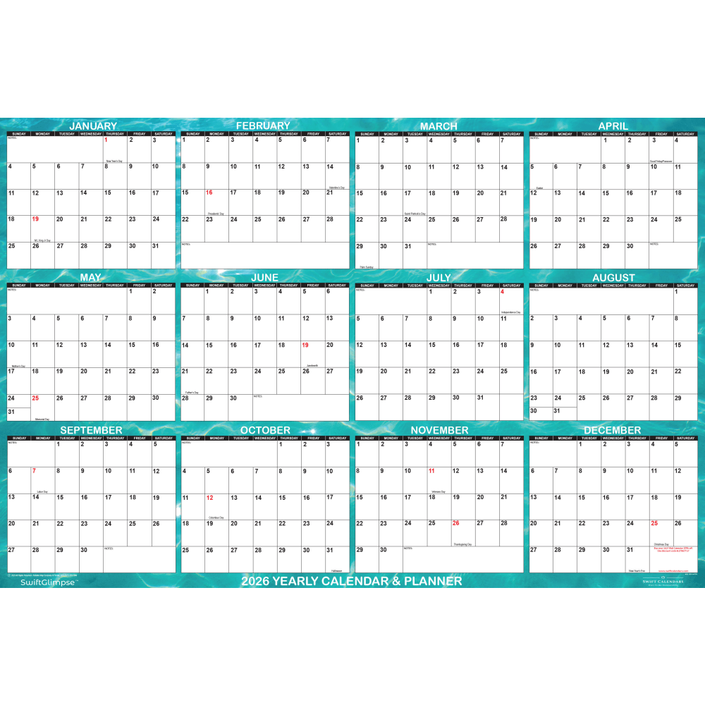 2026 SwiftGlimpse Designer Wall Calendar, 24in x 36in, Turquoise Cool Green/White, January To December MPN:SG 2026 WATER