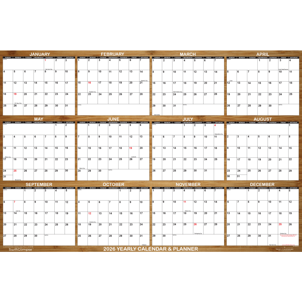 2026 SwiftGlimpse Designer Wall Calendar, 24in x 36in, Rustic Light Brown Wood/White, January To December MPN:SG 2026 WOOD