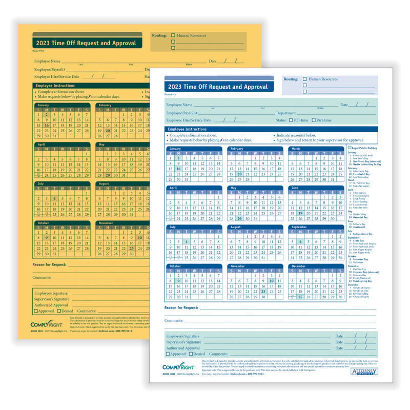 ComplyRight 2026 Time Off Request And Approval Forms, 2-Part, 8 1/2in x 11in, White, Pack Of 50 MPN:A0030
