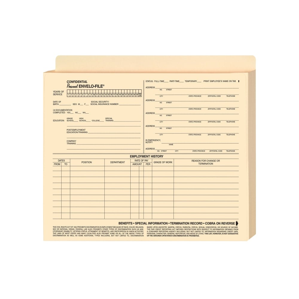 ComplyRight Expandable Personnel Envelo-Files, 11 3/4in x 9 1/2in x 1 1/2in, Pack Of 25 MPN:A0720