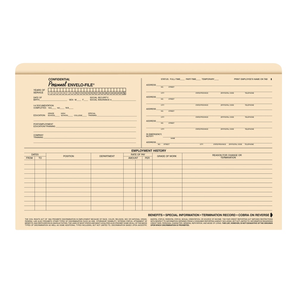 ComplyRight Envelo-File Confidential Personnel Folders, 9 1/2in x 15in, Manila, Pack Of 25 MPN:A0731