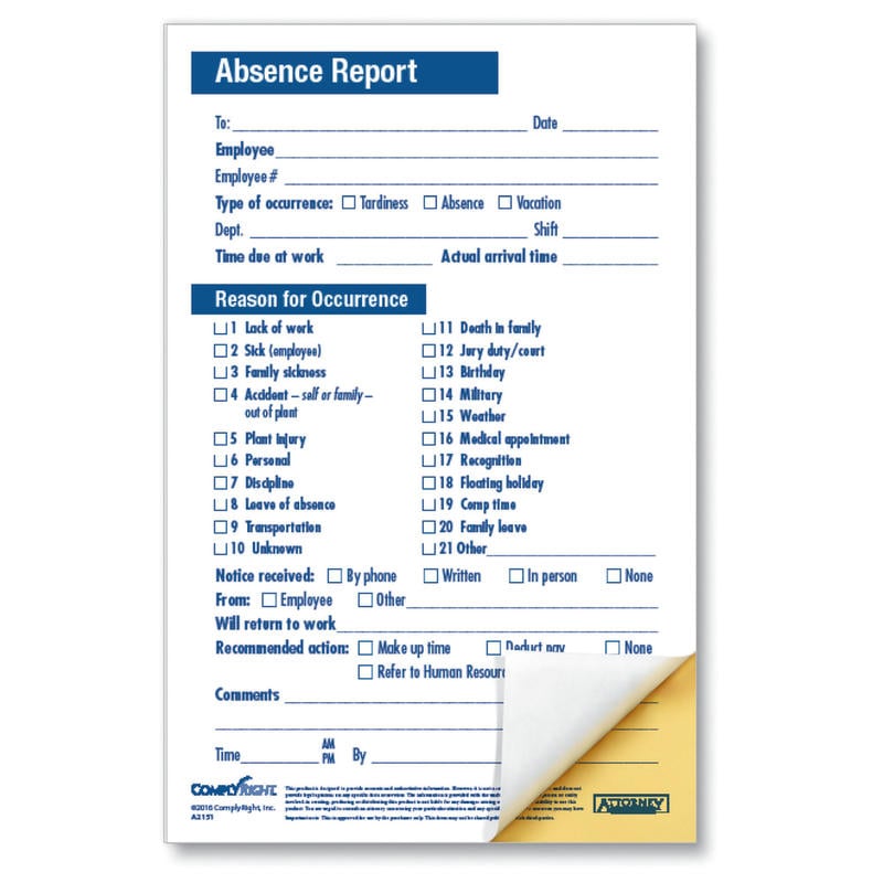ComplyRight Absence Reports, Compact 2-Part, 5 1/2in x 8 1/2in, Pack Of 50 MPN:A2151