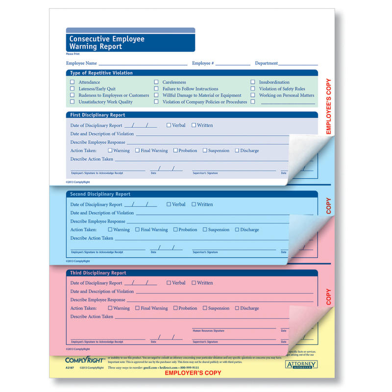 ComplyRight Employee Warning Reports, Consecutive, 4-Part, 8 1/2in x 11in, Pack Of 50 MPN:A2187