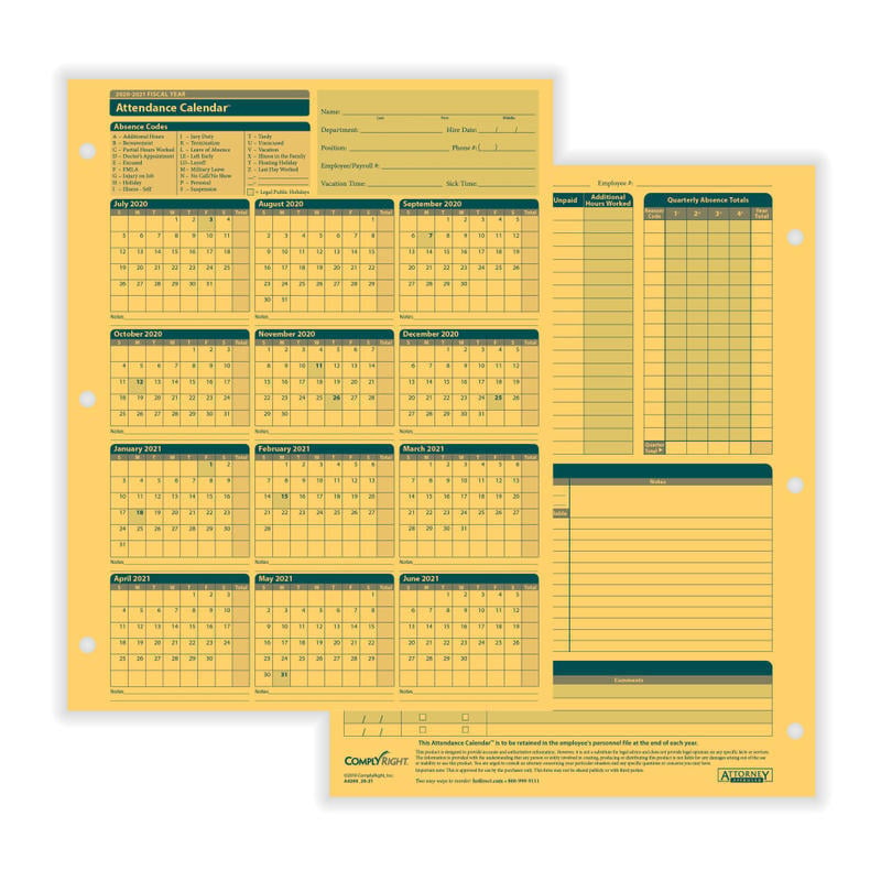 ComplyRight 2026-2027 Fiscal Attendance Calendar, 8-1/2in x 11in, Pack Of 50 MPN:A42005015