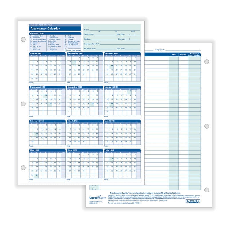 ComplyRight 2026-2027 Academic Attendance Calendar, 8 1/2in x 11in, Pack Of 50 MPN:A43005015