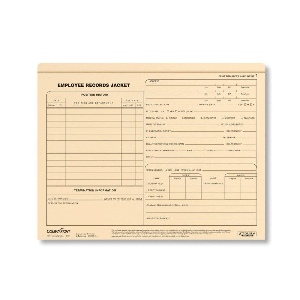 ComplyRight Letter-Size Standard Employee Record Jackets, 11 3/4in x 9 1/2in, Pack Of 25 MPN:A5001