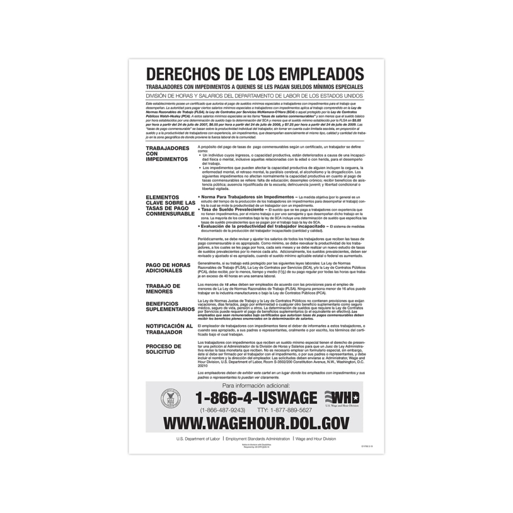 ComplyRight Federal Contractor Posters, Notice To Workers With Disabilities, Spanish, 11in x 17in MPN:E1178S