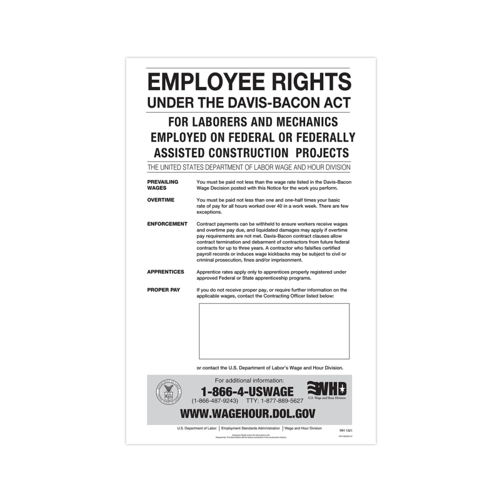 ComplyRight Federal Contractor Posters, Davis-Bacon Act, English, 11in x 17in MPN:E2200