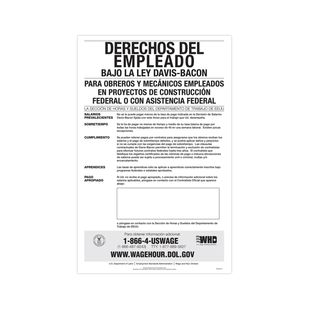 ComplyRight Federal Contractor Posters, Davis-Bacon Act, Spanish, 11in x 17in MPN:E2200S