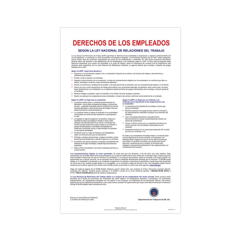 ComplyRight Federal Contractor Posters, National Labor Relations Act, Spanish, 11in x 17in MPN:E2212