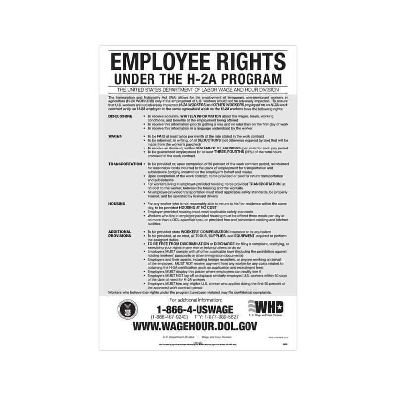 ComplyRight Federal Specialty Posters, Employee Rights Under The H-2A Program, English, 11in x 17in MPN:E3202