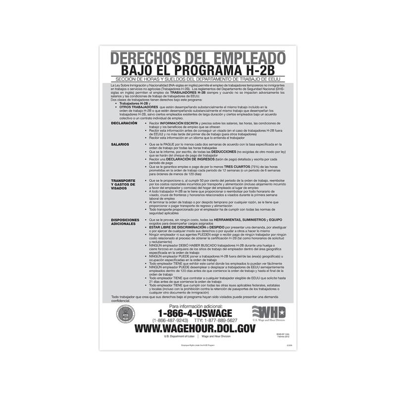 ComplyRight Federal Specialty Posters, Employee Rights Under The H-2B Program, Spanish, 11in x 17in MPN:E3208