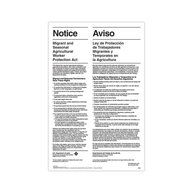 ComplyRight Federal Specialty Posters, Migrant And Seasonal Agricultural Workers, Bilingual, 11in x 17in MPN:E3210