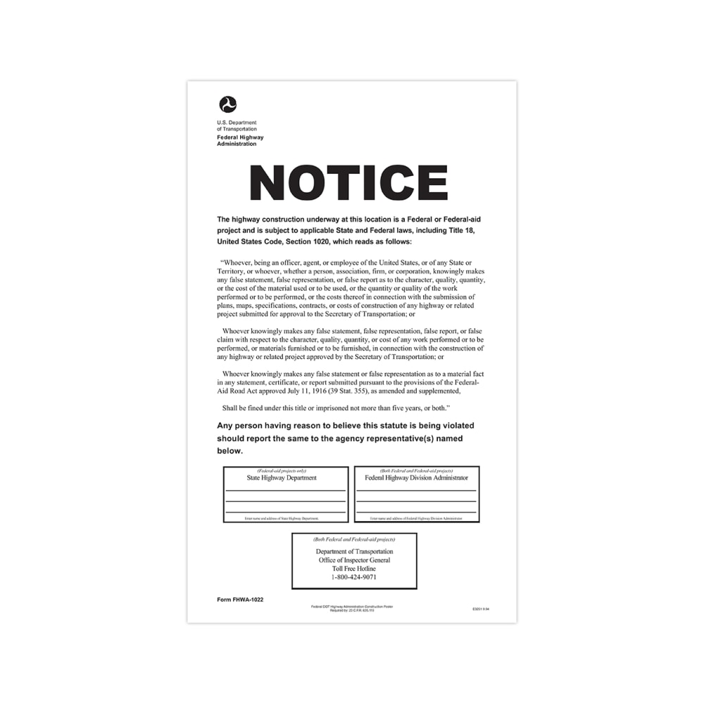 ComplyRight Federal Contractor Posters, D.O.T. Federal Highway Construction, English, 8 1/2in x 14in MPN:E3251