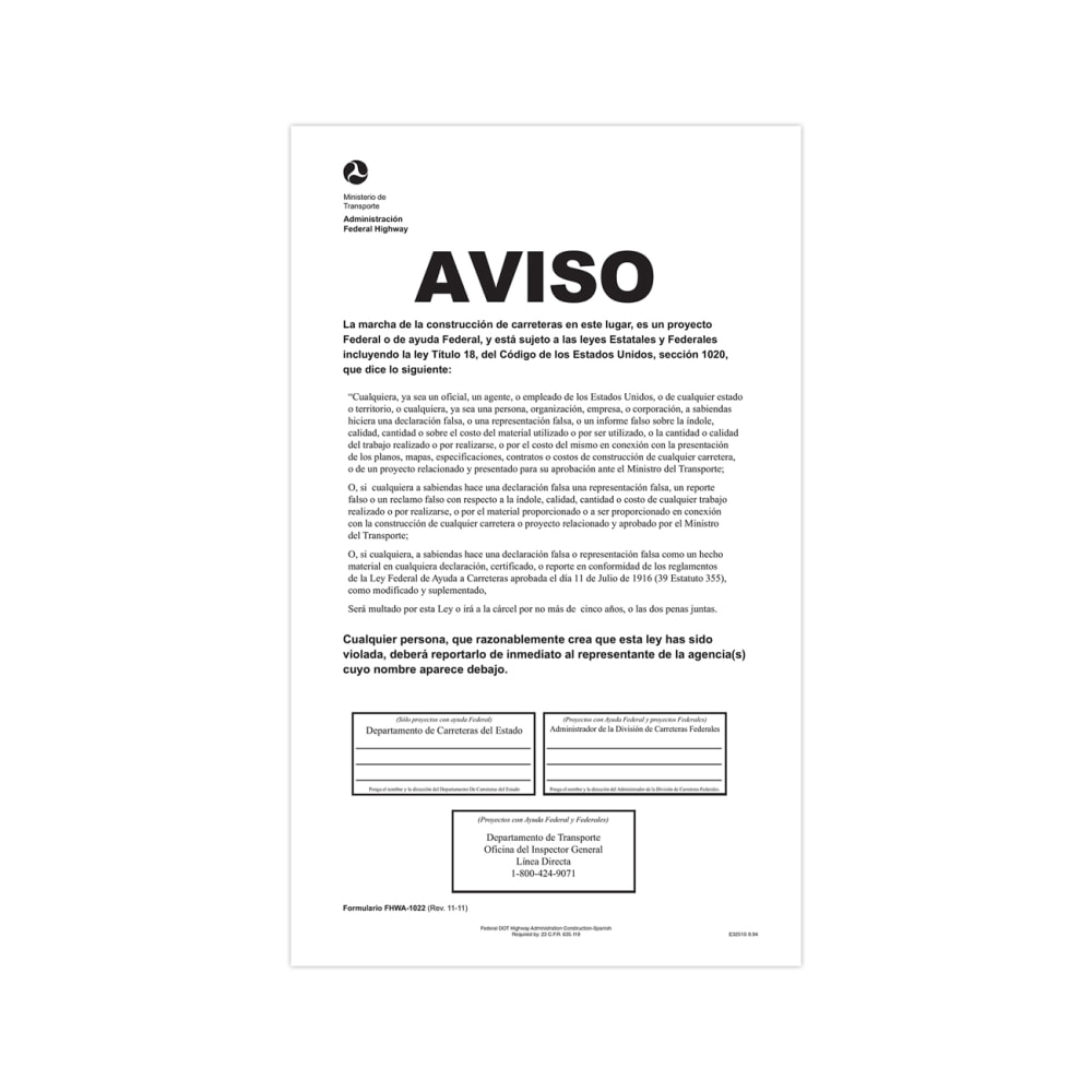 ComplyRight Federal Contractor Posters, D.O.T. Federal Highway Construction, Spanish, 8 1/2in x 14in MPN:E3251S