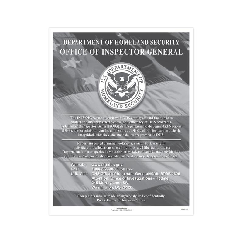 ComplyRight Federal Contractor Posters, Bilingual, DHS Fraud Hotline, 8 1/2in x 11in MPN:E3260