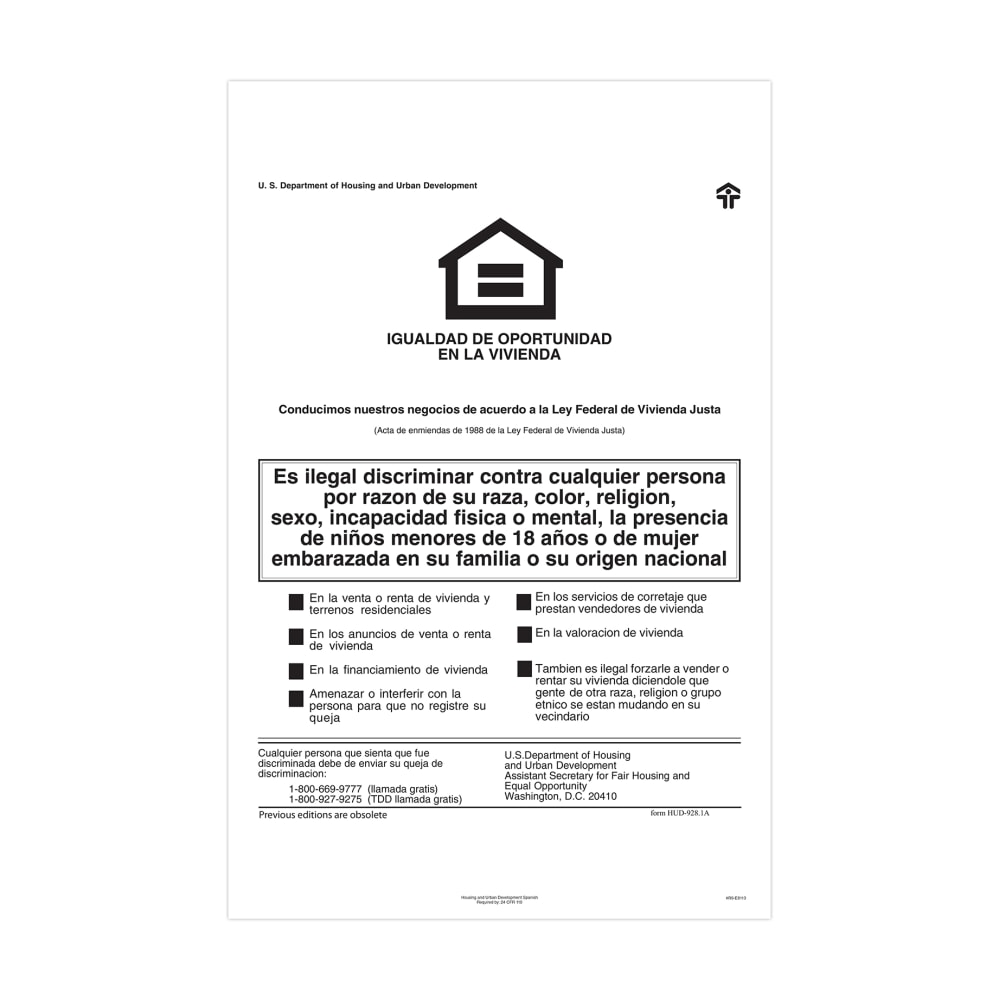 ComplyRight Federal Specialty Posters, Federal Fair Housing, Spanish, 11in x 17in MPN:E8113