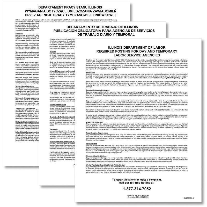 ComplyRight State Specialty Posters, Day And Temporary Labor Service Act, English/Spanish/Polish, Illinois, 8 1/2in x 11in, Pack Of 3 MPN:EILDTSA