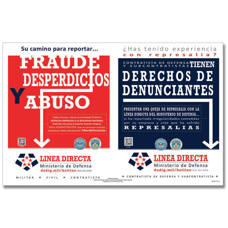 ComplyRight Department Of Defense Fraud And Whistleblower Hotline Poster, Spanish, 17in x 11in MPN:E2250S
