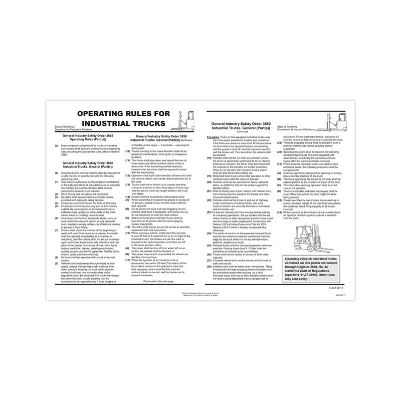 ComplyRight State Specialty Poster, Operating Rules For Industrial Trucks, English, California, 11in x 17in MPN:ECA2O
