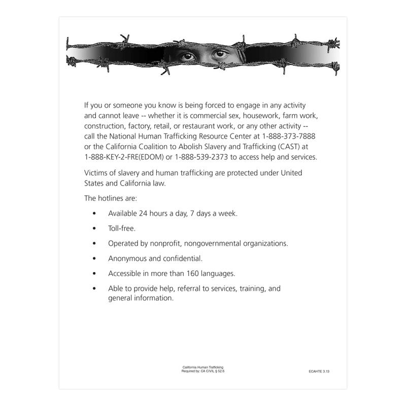 ComplyRight State Specialty Poster, Human Trafficking, English, California, 8-1/2in x 11in MPN:ECAHTE