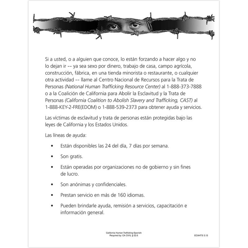 ComplyRight State Specialty Poster, Human Trafficking, Spanish, California, 8 1/2in x 11in MPN:ECAHTS