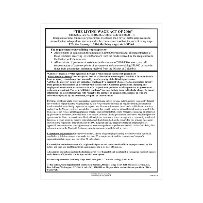 ComplyRight State Specialty Poster, Living Wage, English, Washington D.C., 8-1/2in x 11in MPN:EDC16