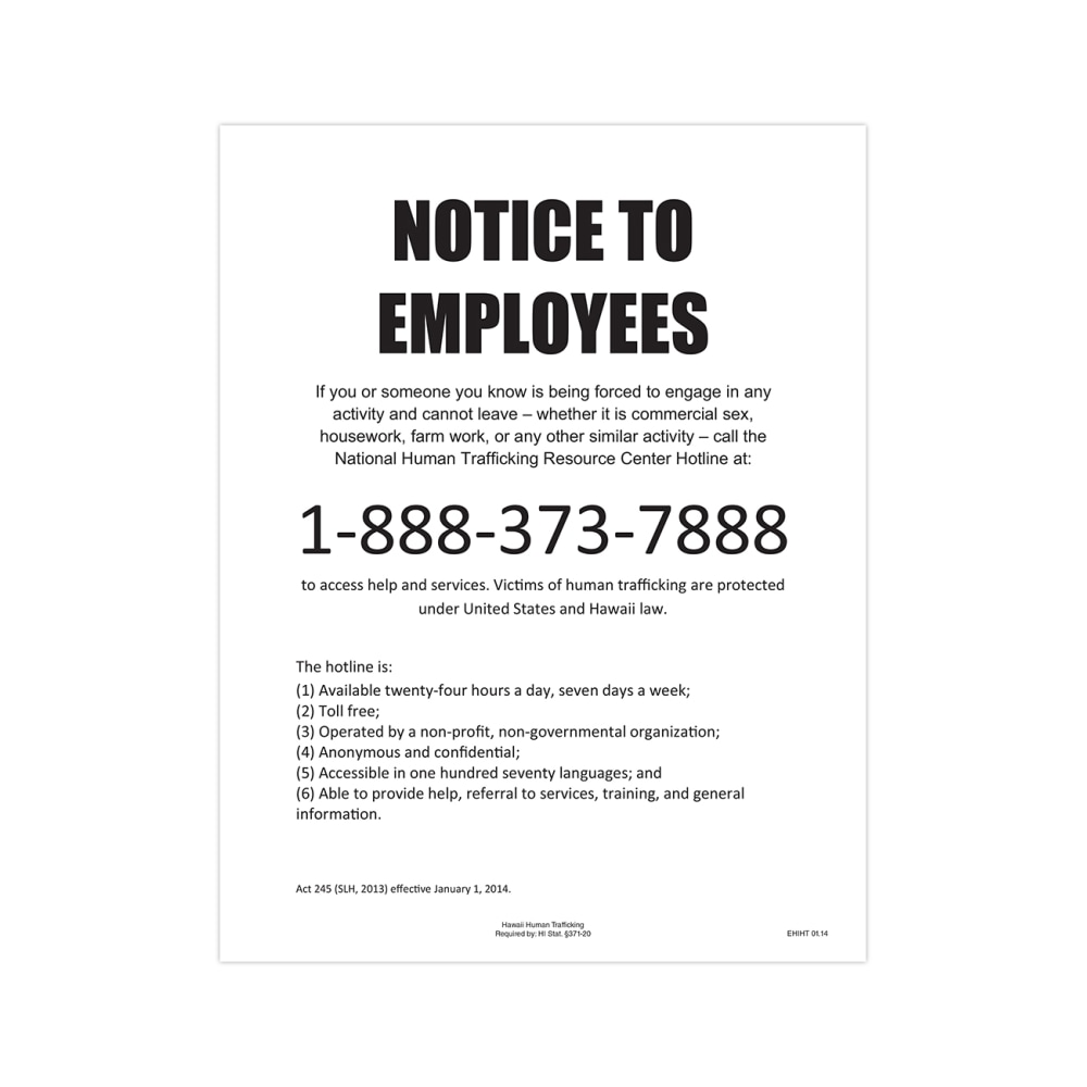 ComplyRight State Specialty Poster, Human Trafficking, English, Hawaii, 8-1/2in x 11in MPN:EHIHT