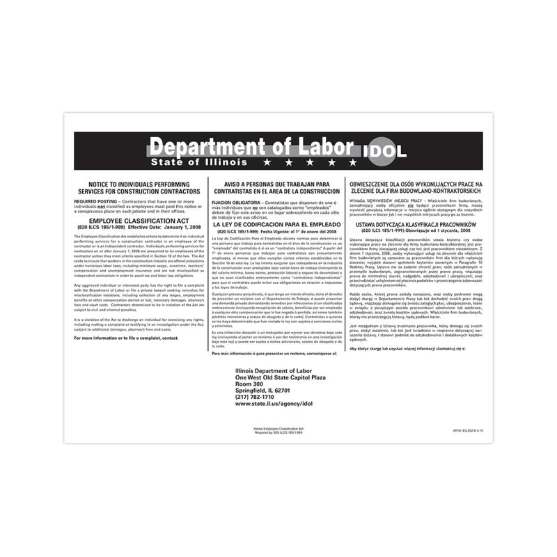 ComplyRight State Specialty Poster, Employee Classification Act, English/Spanish/Polish, Illinois, 8-1/2in x 11in MPN:EIL252
