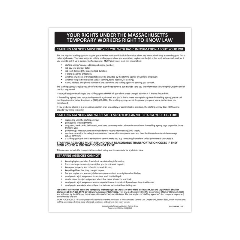 ComplyRight State Specialty Poster, Temporary Workers Right To Know Law, English, Massachusetts, 8-1/2in x 11in MPN:EMATWR2KE